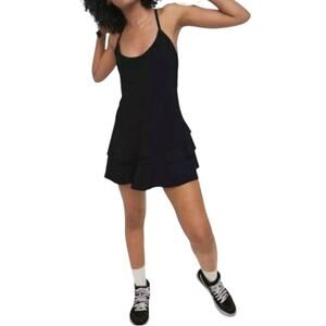 Aerie Offline Real Me Maggie Tiered Ruffle Hem Tennis Athleisure Dress Black MD
